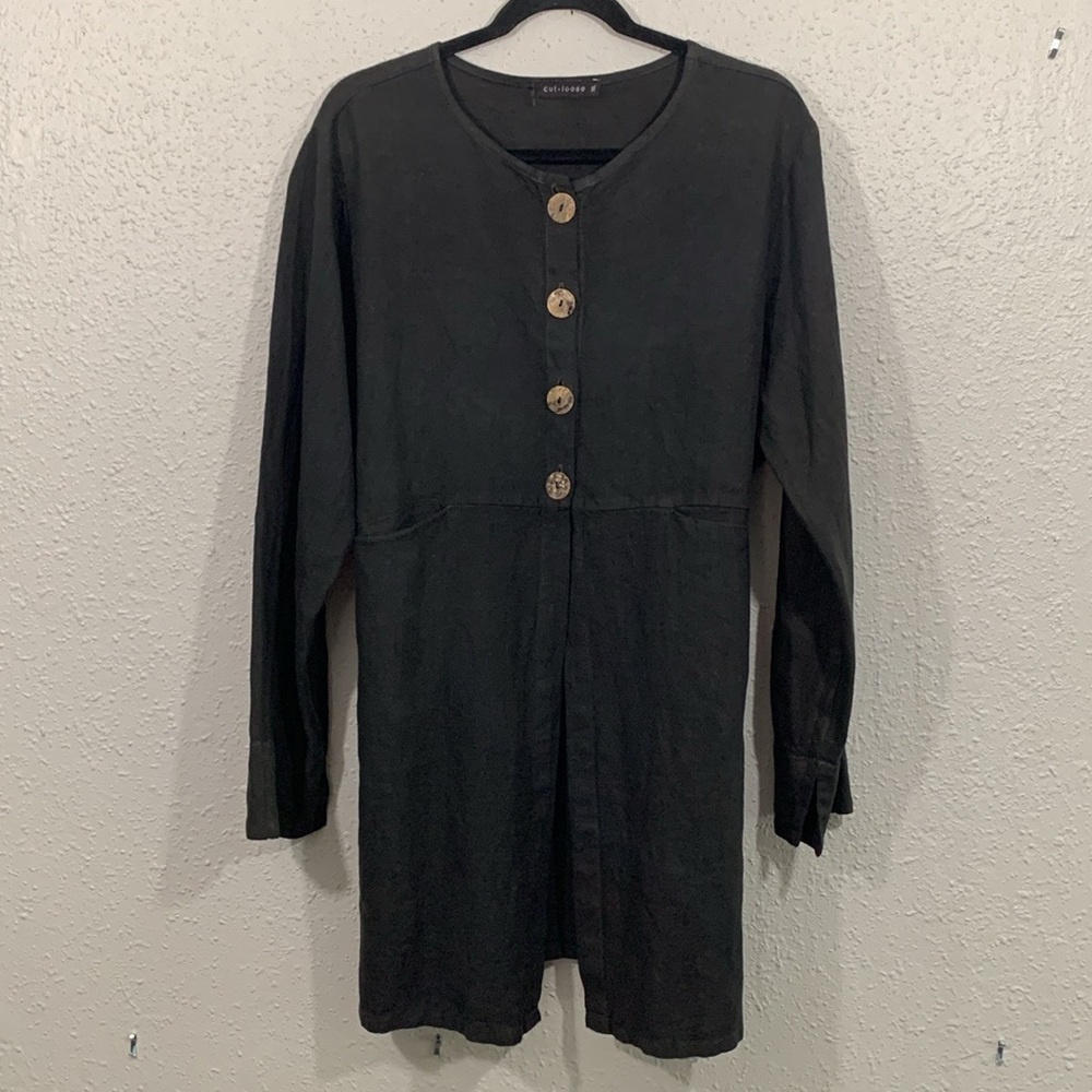 CUT LOOSE 100% Linen Black Lagenlook Long Sleeve Button Front Long Jacket‎ XL